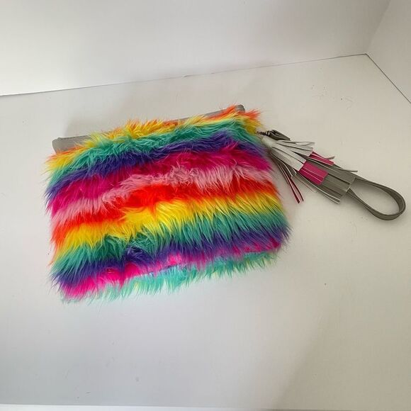 Rainbow faux fur wristlet with change wallet - Picture 3 of 9